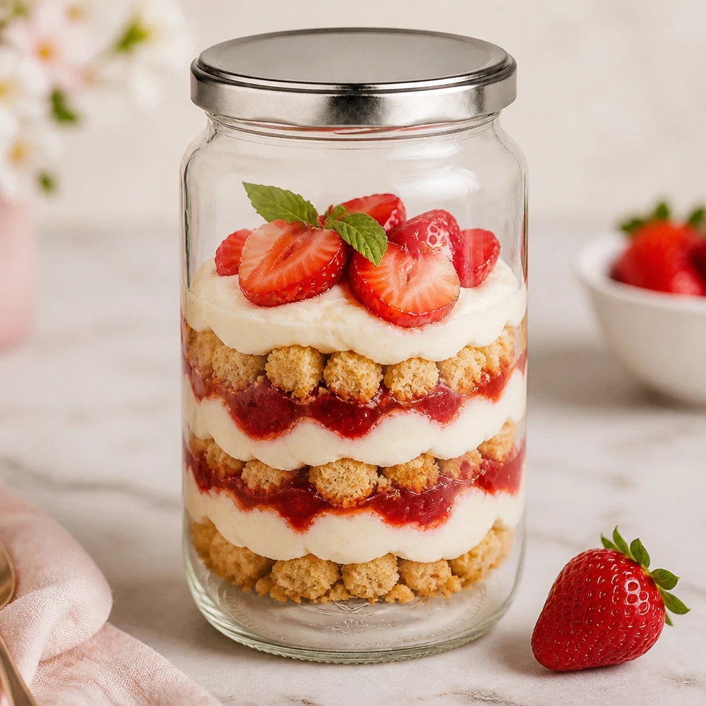 795ml kulatá zavařovací sklenice s víčkem BasicSeal stříbrná UNiTWIST. 795ml Rundglas mit BasicSeal Deckel als Dessertglas für Erdbeer-Trifle mit Sahne und Kekskrümeln