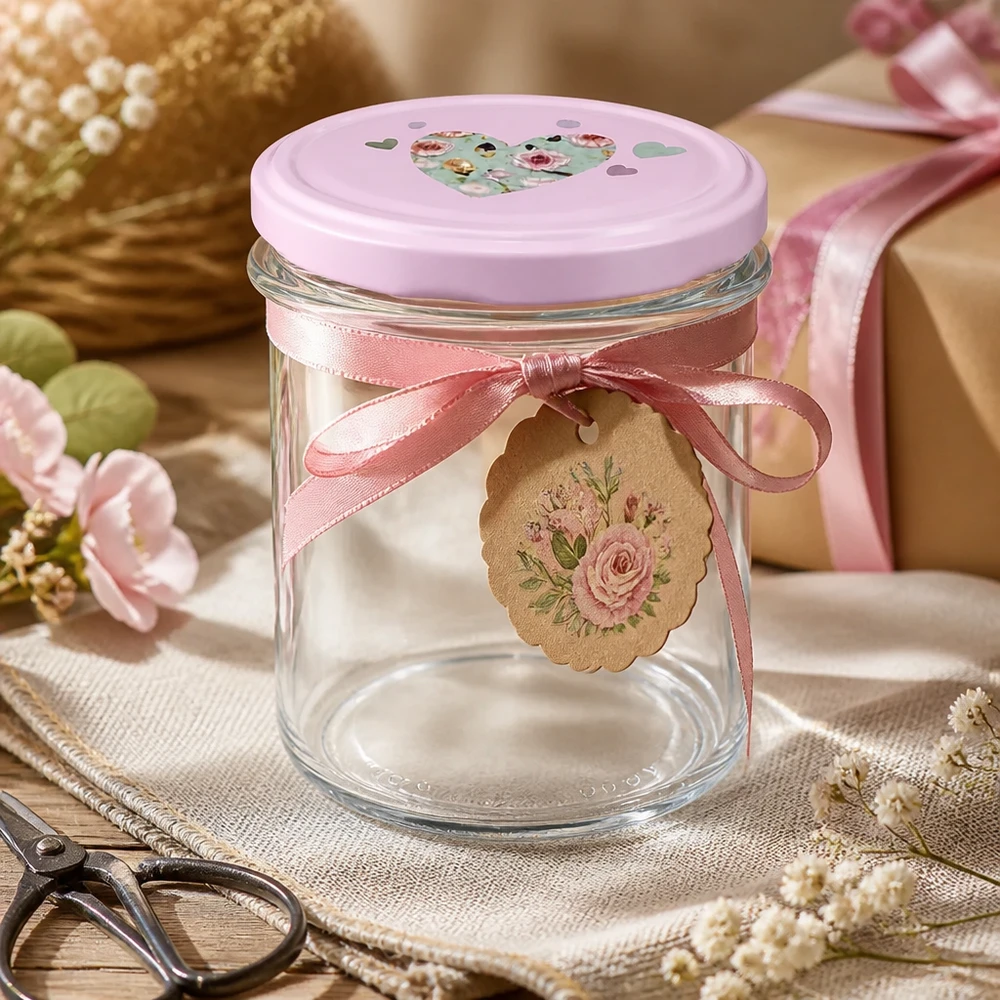 350ml kelímky + víčko BasicSeal srdíčková růžová UNiTWIST 350ml Sturzglas rosa Herzdeckel dekoriert Geschenkband Blumen DIY Basteln Dekoration Einmachglas