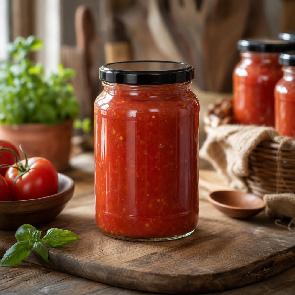 1700ml kulatá sklenice s víčkem BasicSeal černá UNiTWIST Tomatensauce in 1700ml Rundglas schwarzer BasicSeal Deckel Holzbrett Küche rustikale Atmosphäre Konservenglas