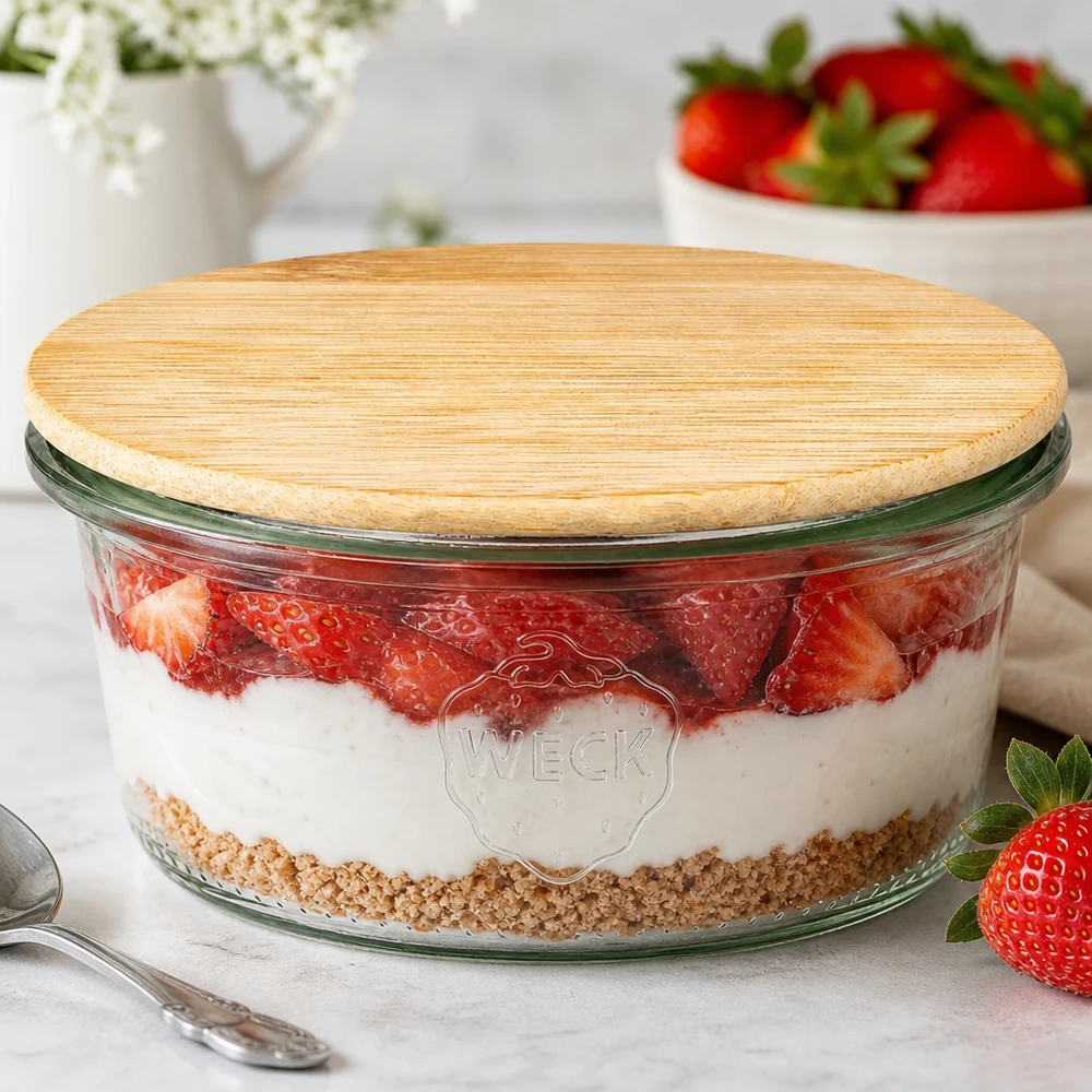165ml tumblery WECK RR80 s dřevěným víkem buk WECK Sturzglas RR80 165ml mit Bambusdeckel als Dessertglas für Erdbeer-Schichtdessert in Küchenambiente