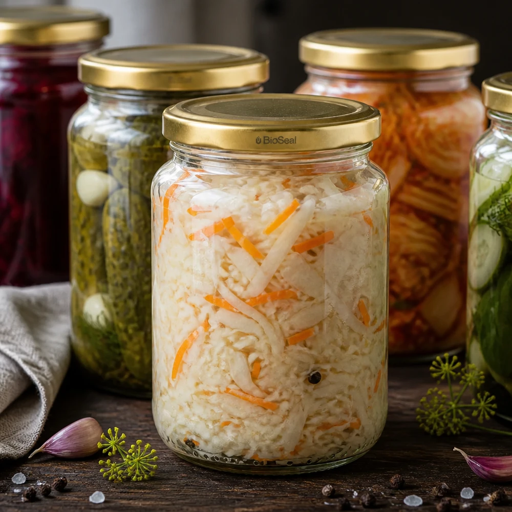 UNiTWIST Runda382 se zlatým víkem TO66 BioSeal UNiTWIST Runda382 Glas gefüllt mit eingelegtem Gemüse, goldener TO66 BioSeal Deckel, Fermentation und Einkochen