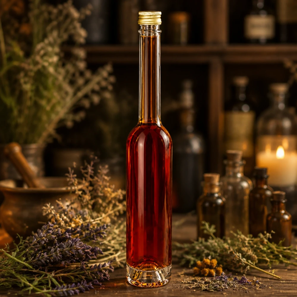 100ml Glasflasche "Toni" mit Schraubverschluss gold UNiTWIST 100ml Glasflasche Toni gefüllt mit roter Flüssigkeit in Kräuter-Ambiente - goldener UNiTWIST Verschluss