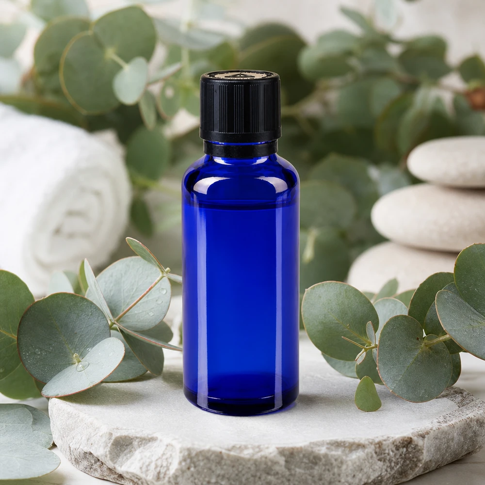 Lékárenská láhev modrá 30ml kapací uzávěr nalévací kroužek 1mm černý dětský bezpečnostní zámek výstražný symbol pro nevidomé tamper evident uz&# Kleine blaue Medizinflasche 30ml mit schwarzem Tropfverschluss im natürlichen Spa-Setting