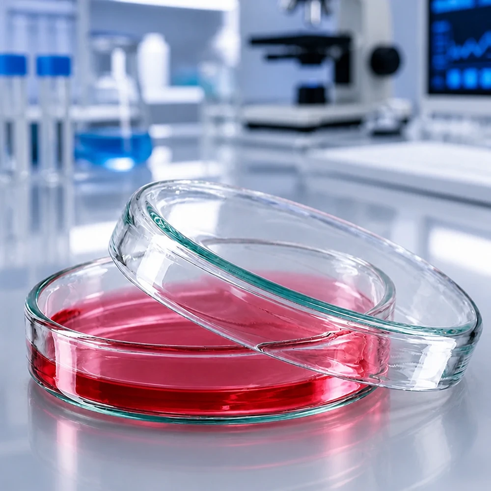Petriho miska o průměru 60 mm z čirého laboratorního skla pro kultivaci mikroorganismů a buněčných kultur. Výška 15 mm Kleine Glaspetrischale 60 mm Durchmesser 15 mm tief mit roter Kulturlösung im Einsatz