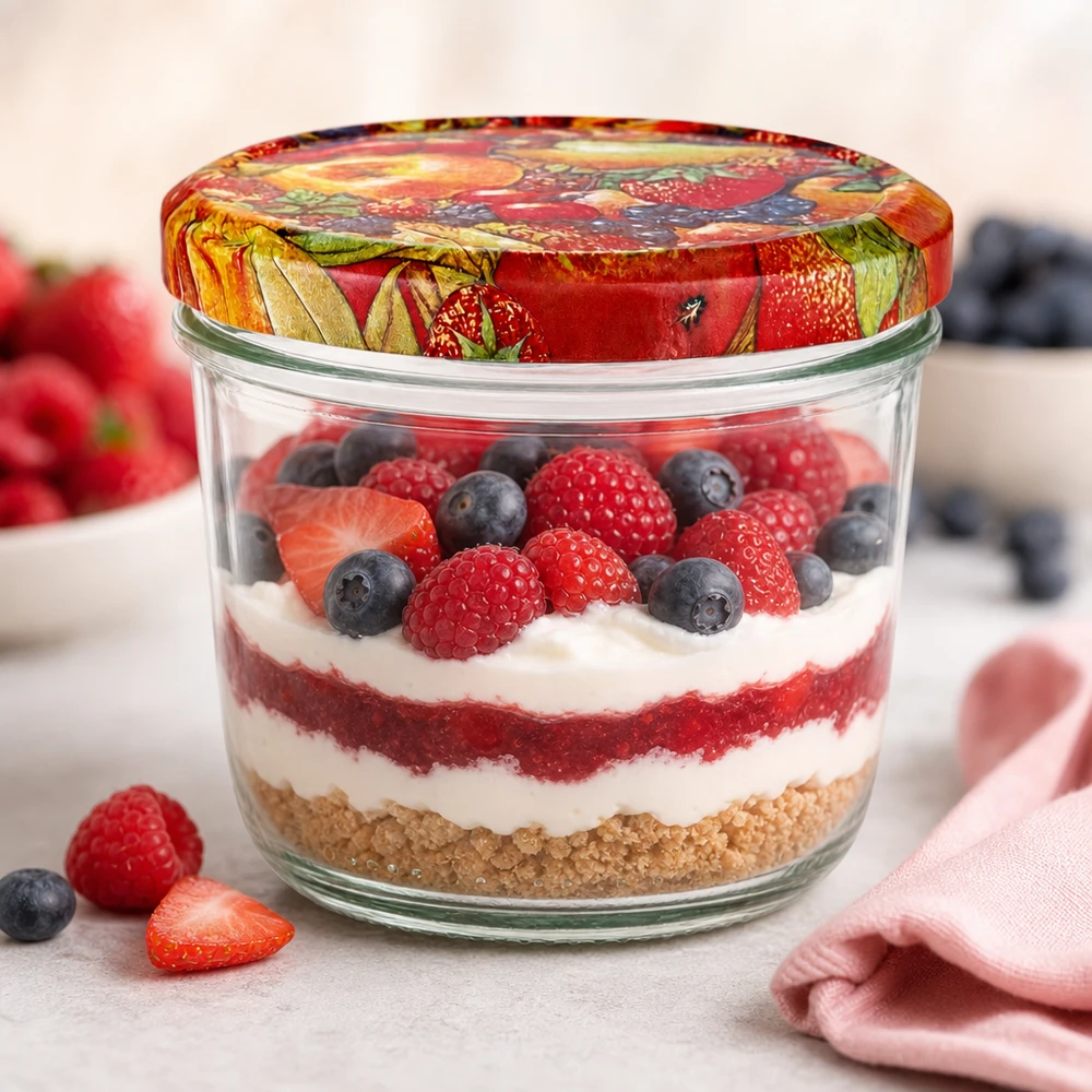 230ml kelímky + víčko BasicSeal s ovocným dekorem UNiTWIST. 230ml Sturzglas mit BasicSeal Obstdekor-Deckel gefüllt mit Schichtdessert aus Beeren, Creme und Keksboden