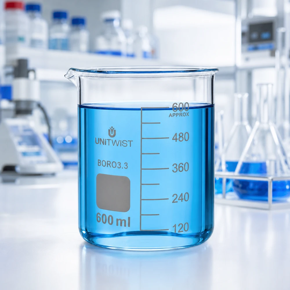 Kádinka 600 ml borosilikátová, nízká forma UNiTWIST Becherglas 600ml niedriger Form mit Graduierung und Schreibfeld aus Borosilikatglas