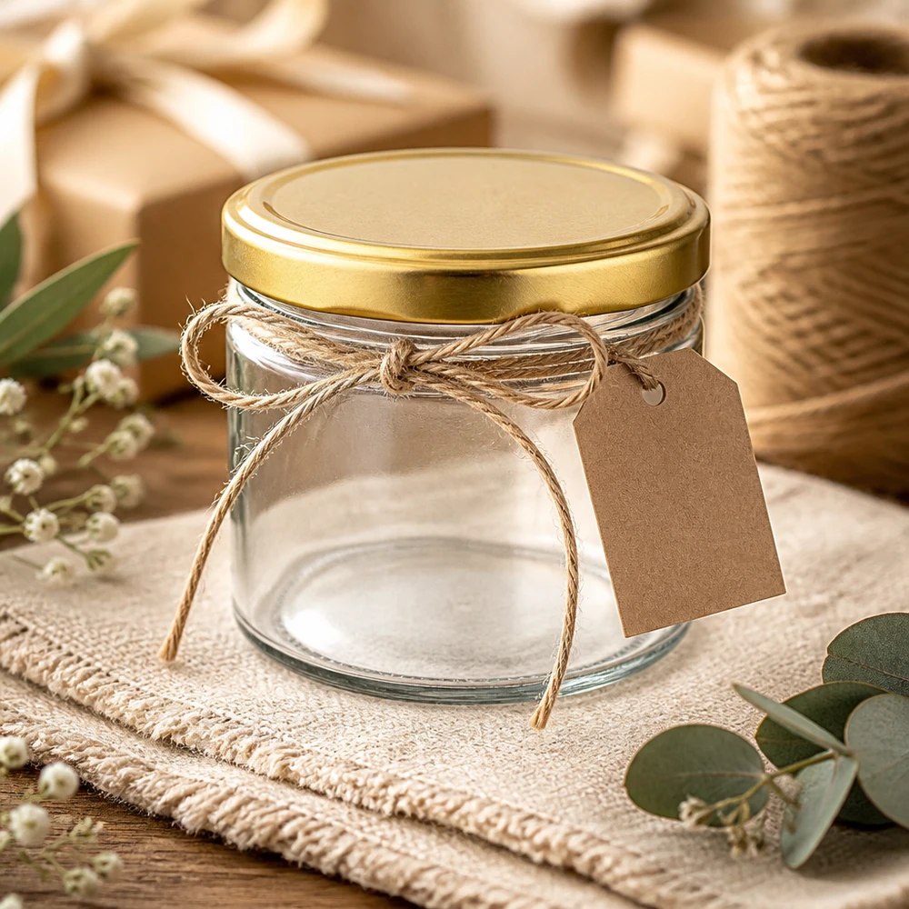 540ml kulatá sklenice s víčkem BasicSeal zlatá UNiTWIST 540ml Rundglas mit BasicSeal Deckel gold leer dekoriert mit Juteschleife Geschenkanhänger rustikales Ambiente