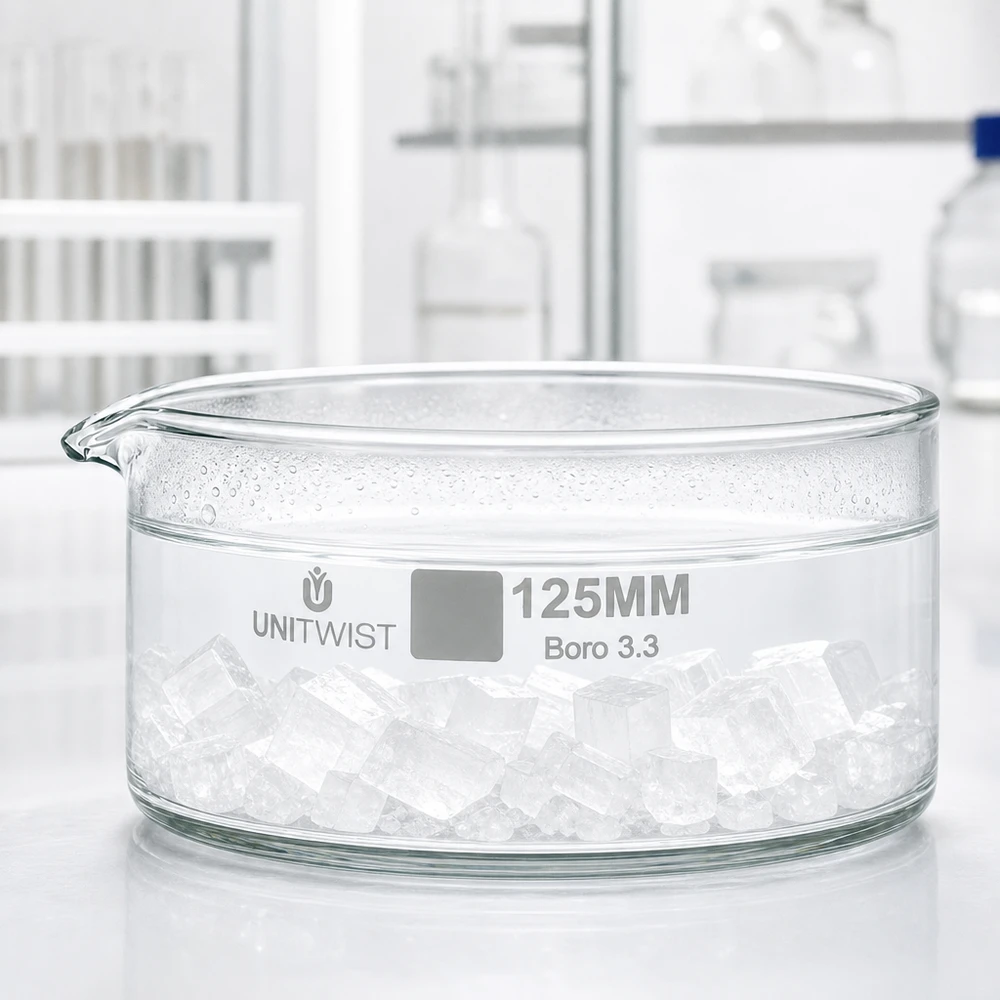 Krystalizační miska ø125mm z borosilikátového skla UNiTWIST Kristallisierschale UNiTWIST 125mm breitzylindrisch aus temperaturbeständigem Borosilikatglas