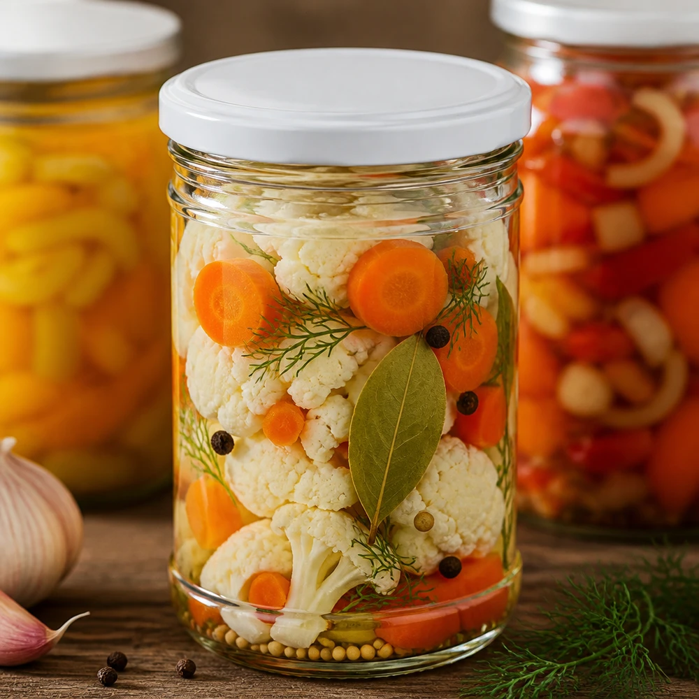 1053ml Sturzglas gefüllt mit eingelegtem Gemüse Karotten Blumenkohl Dill zeigt praktische Verwendung als Einmachglas