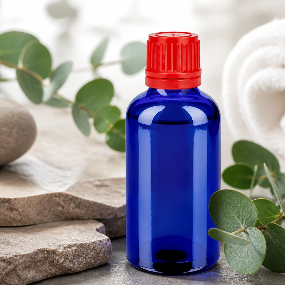 50ml láhev 11mm šroubovací uzávěr červený tamper-evidentní uzávěr BlueLine UT18/50 Kindersichere 50ml Tropfflasche blau rot mit SV Verschluss 11mm OV BlueLine UT18/50