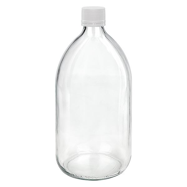 1000ml lahvička na léky čirá, uzávěr bílý/jemný s kroužkem proti neoprávněné manipulaci ApoGlas 1000ml lahvička na léky čirá, uzávěr bílý/jemný s kroužkem proti neoprávněné manipulaci ApoGlas