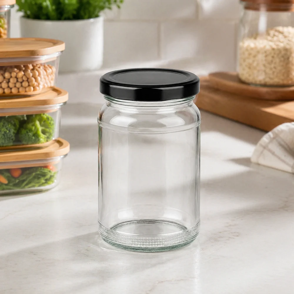 UNiTWIST Rundglas 110ml in moderner Küche auf Arbeitsplatte mit Vorratsdosen im Hintergrund
