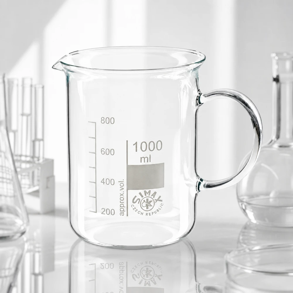 Kádinka 1000ml z borosilikátového skla, s rukojetí Becherglas 1000ml Borosilikatglas mit Henkel Ausguss und weißer Messskala