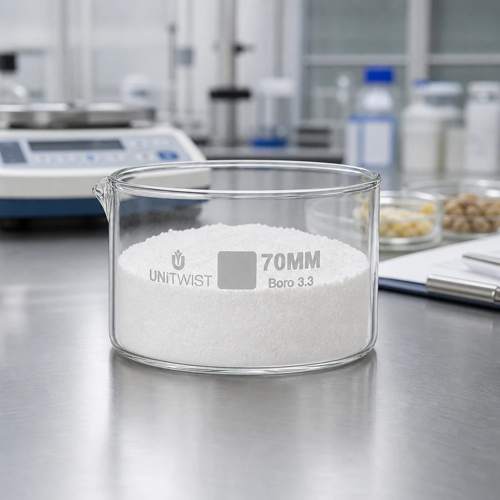 Krystalizační miska ø70 mm z borosilikátového skla UNiTWIST Laborschale UNiTWIST 70mm Borosilikatglas transparent mit weißem kristallinen Material gefüllt