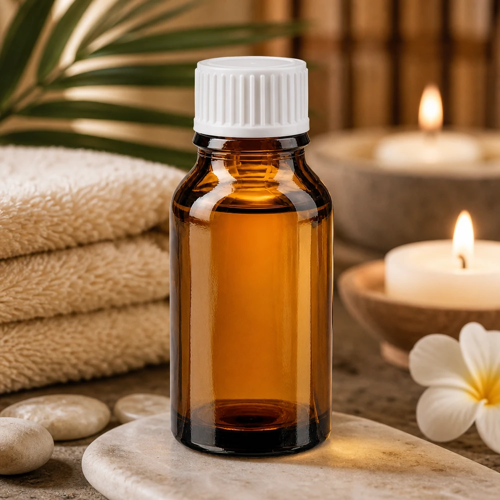 Lékárenská lahvička hnědá 15ml šroubovací uzávěr bílý standard. Braune Tropfflasche 15ml mit weißem Schraubverschluss auf Marmor mit Kerzen und Bambushintergrund
