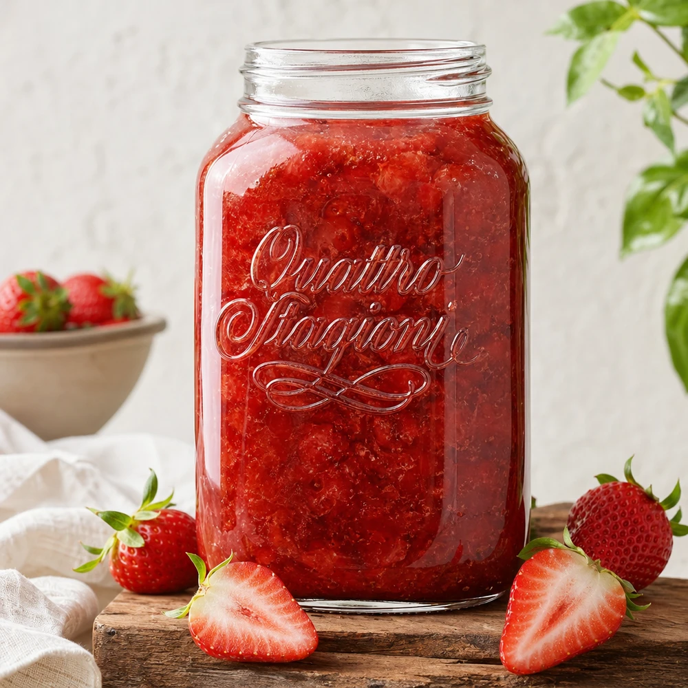Quattro Stagioni Haushaltsglas 3800ml mit roter Erdbeermarmelade gefüllt, umgeben von frischen Erdbeeren auf Holzbrett