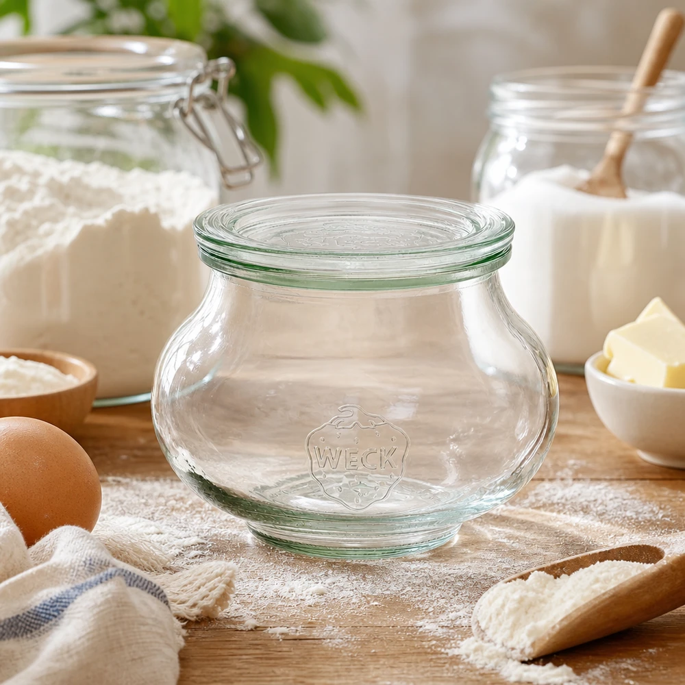 WECK Schmuckglas 560ml RR80 leer in Backküche zwischen Mehl Eiern und Backzutaten für Aufbewahrung von Zutaten