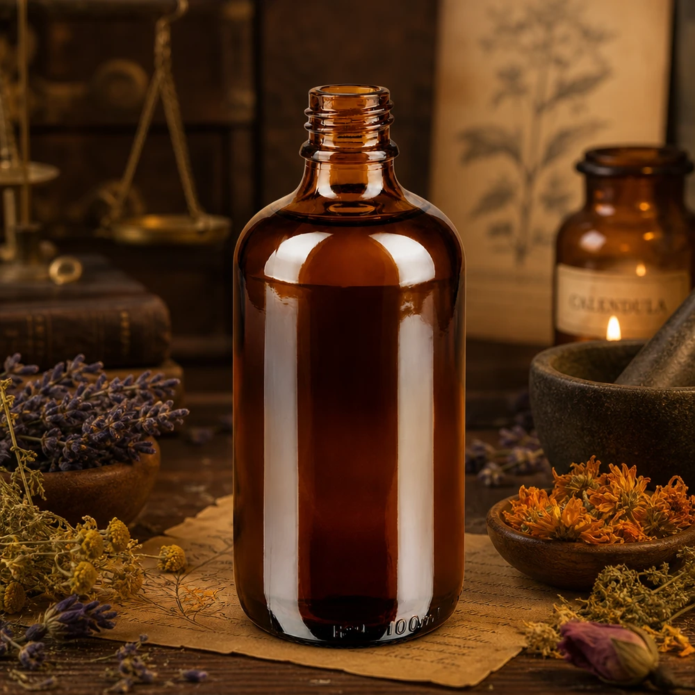 100ml braune Apothekenflasche ApoGlas mit getrockneten Heilkräutern und Mörser in traditioneller Kräuterapotheke