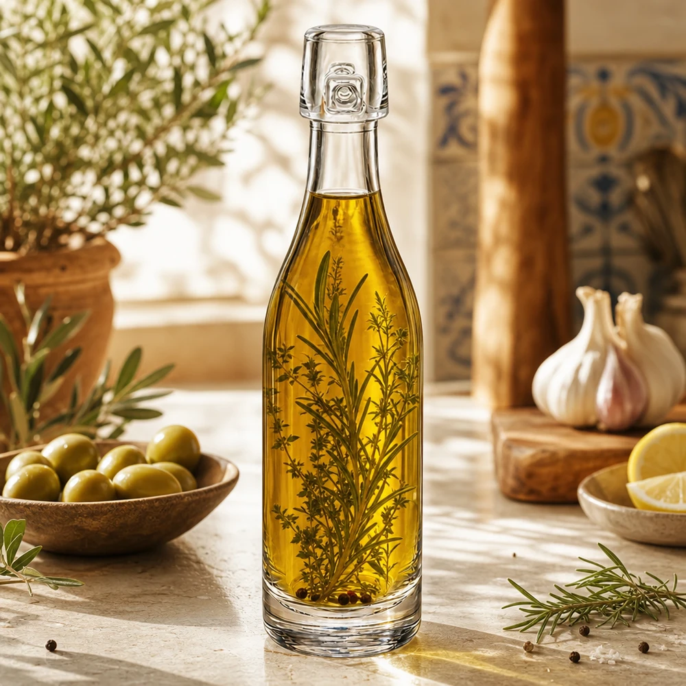 Skleněná lahvička 50 ml bez otočného uzávěru UNiTWIST 50ml Glasflasche UNiTWIST mit Olivenöl und Kräutern befüllt mediterrane Küche Oliven Knoblauch Rosmarin Dekoration