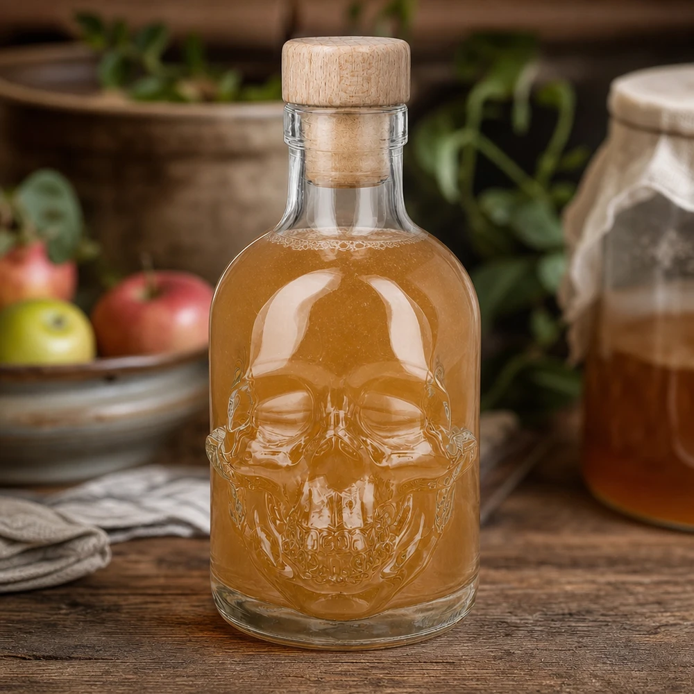 200ml Glasflasche "Jack" mit Holzgriff-Korken UNiTWIST 200ml Totenkopf-Glasflasche Jack mit bernsteinfarbener Füllung in Küchen-Ambiente mit Äpfeln und Kräutertöpfen