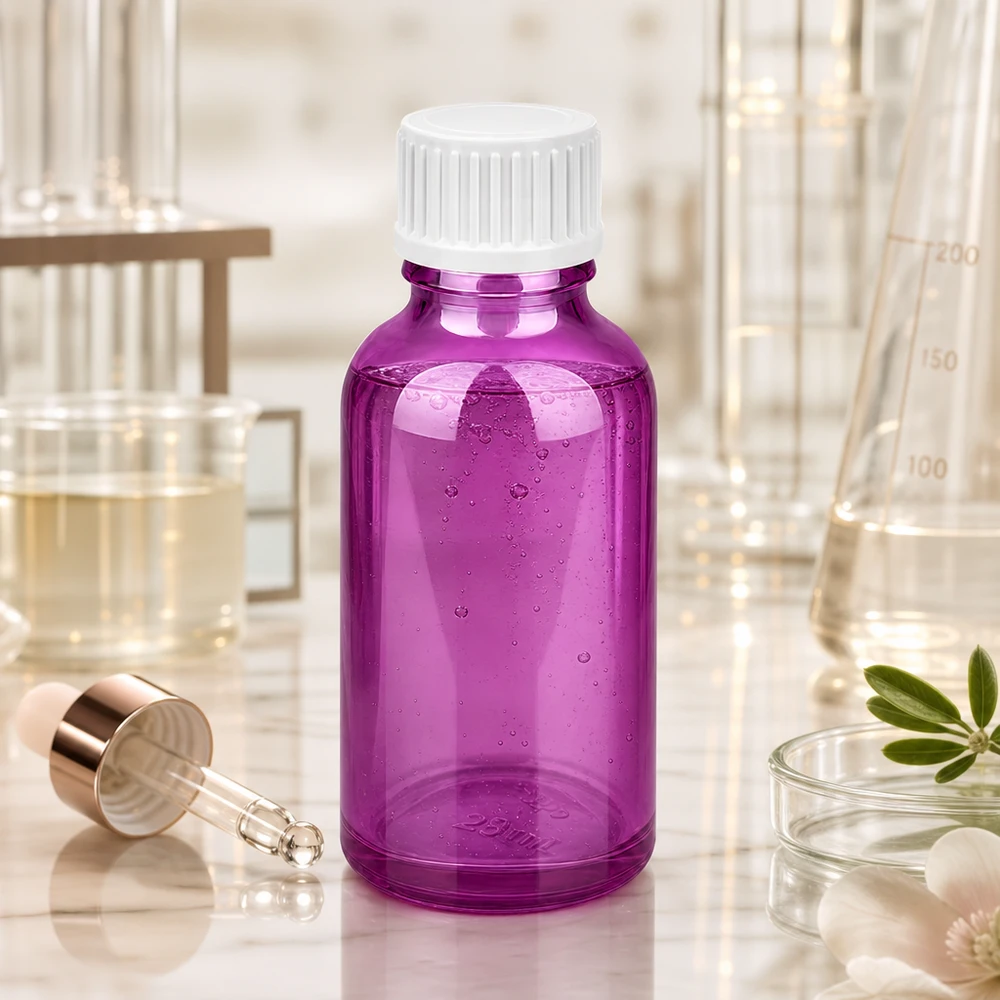 Lahvička o objemu 30 ml (globule). Nalévací kroužek 3 mm bílý Standard PurpleLine. UT18/30 Handliche Glasflasche 30ml in leuchtendem Lila für DIY Hautpflege und Seren