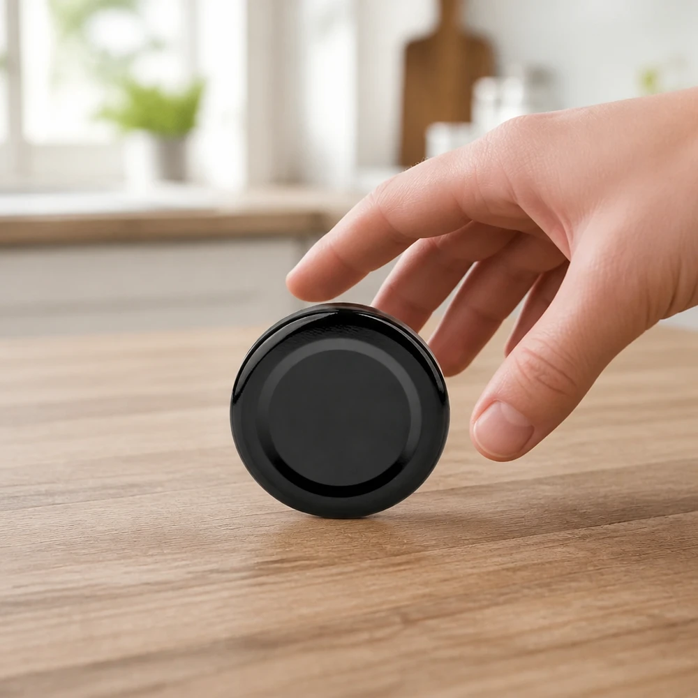 43mm víko BasicSeal černé (TO43) UNiTWIST 43 mm víčko BasicSeal, černé, TO43, leží naplocho na dřevěném povrchu, lze jej uchopit