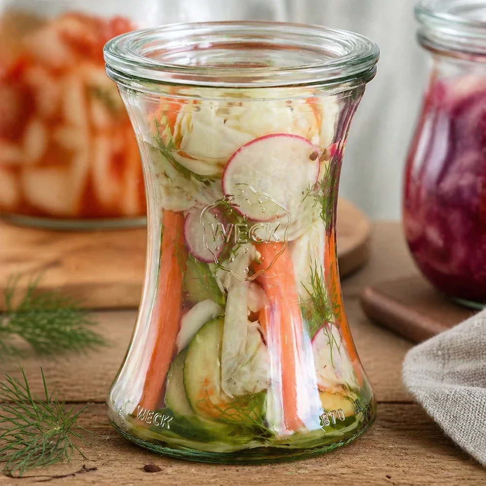WECK Delikatessenglas 370ml RR80 gefüllt mit eingelegtem Gemüse und Dill zeigt vielseitige Verwendung zum Einkochen