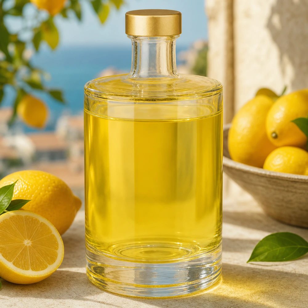 Elegante 500ml Glasflasche Sam gefüllt mit gelbem Inhalt neben Zitronen in mediterraner Küche Lifestyle Szene