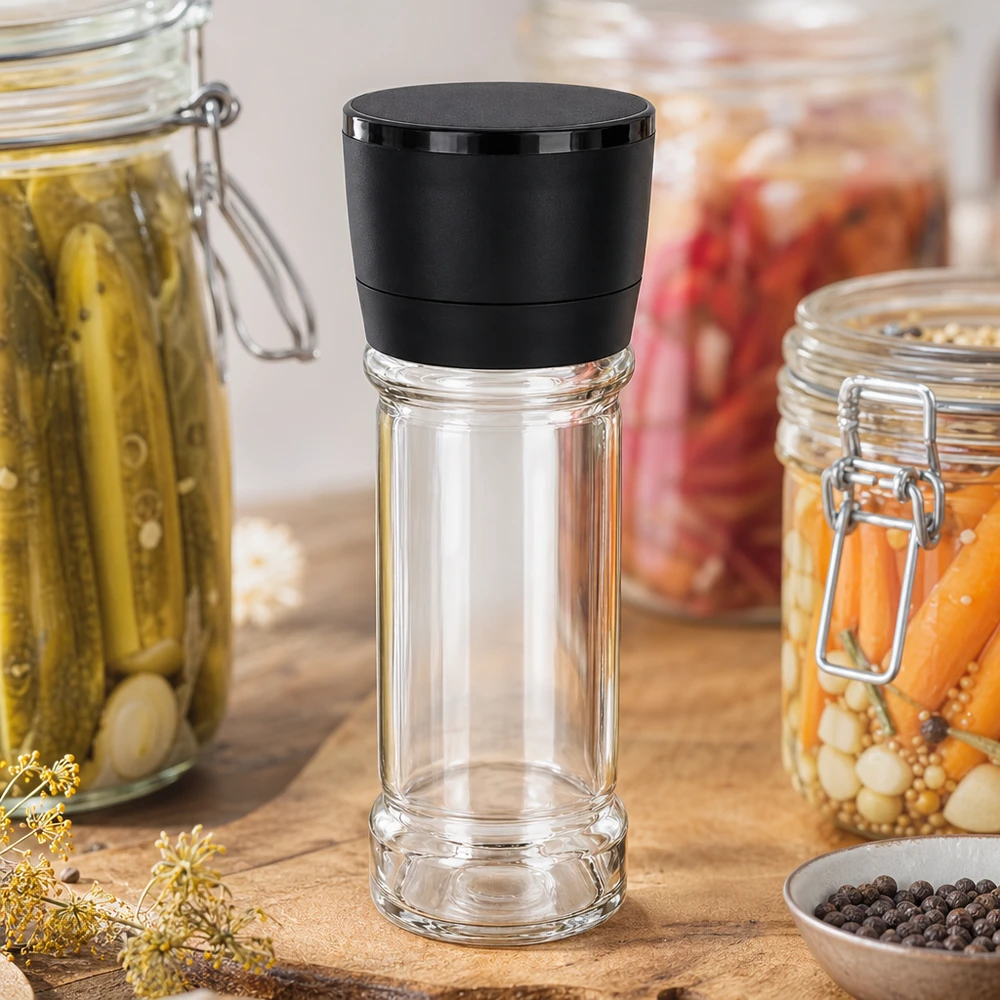 Kleine Gewürzmühle 100ml Vario in Schwarz-Transparent neben Pfeffer und Einmachgläsern