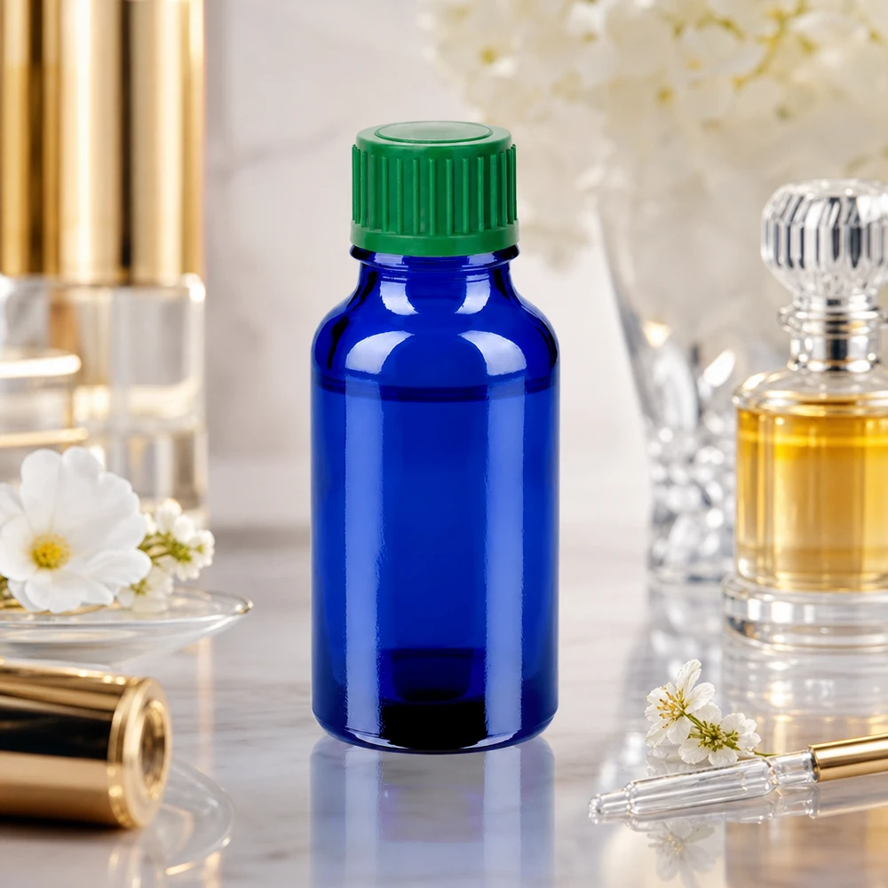 20ml lahvička s kapátkem 0,8 mm zelená standardní uzávěr BlueLine UT18/20 Vielseitige 20ml Glasflasche STD BlueLine UT18/20 für Kosmetik Pharmazie und chemische Anwendungen geeignet