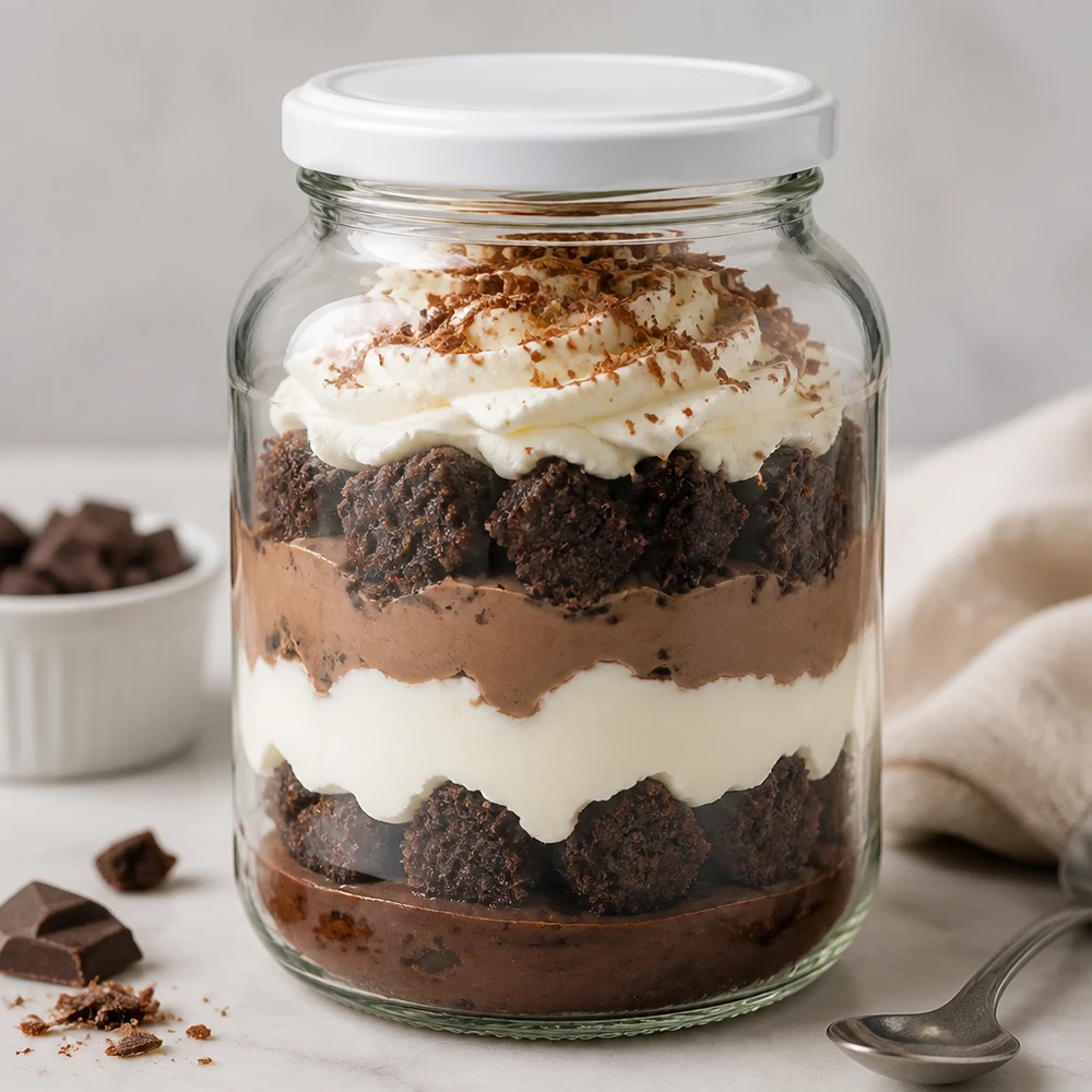 370ml Ovalglas UNiTWIST mit weißem BasicSeal Deckel befüllt mit Schoko-Dessert Tiramisu perfekt für Portion