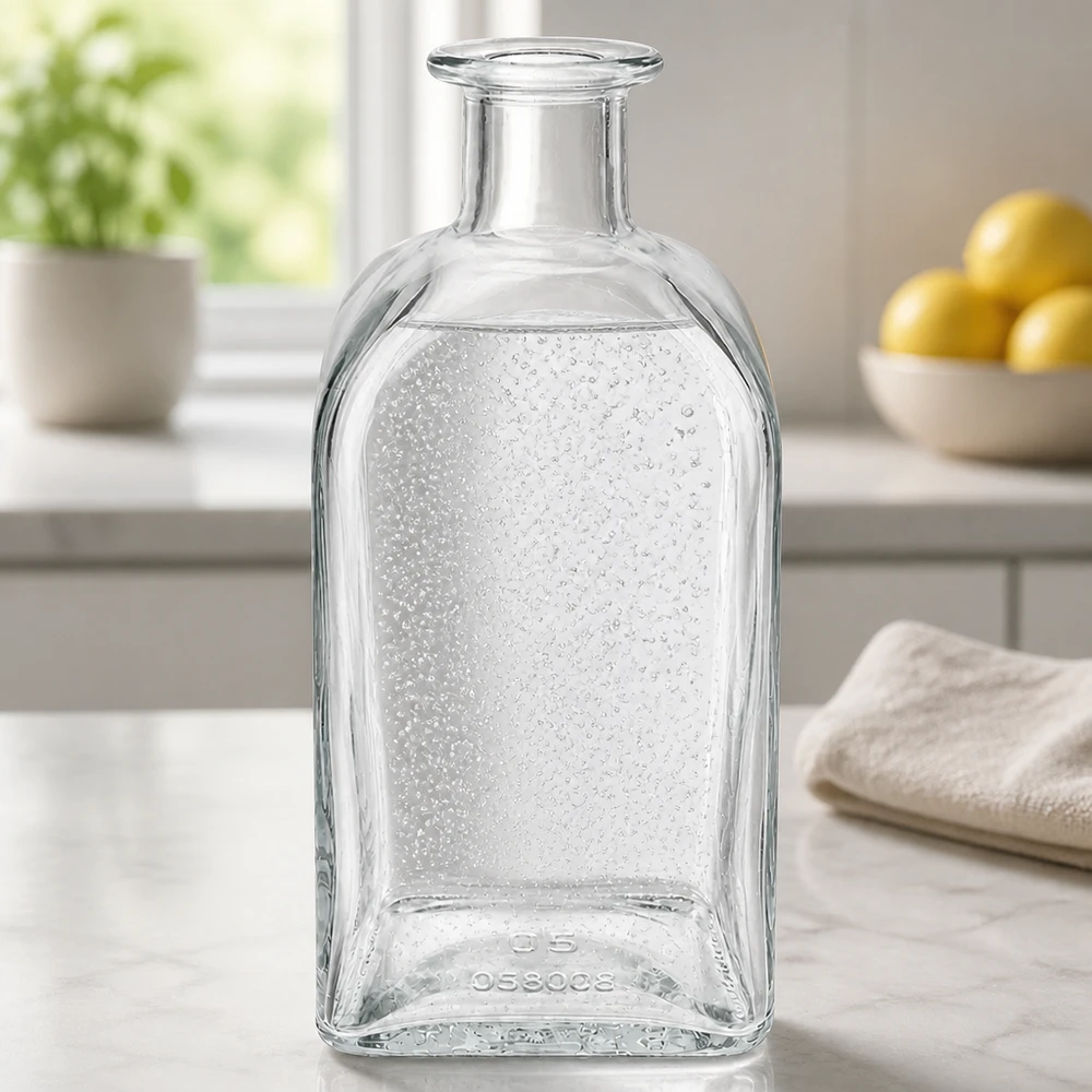 500ml Glasflasche Julia in moderner Küche auf Marmortheke mit Wassertropfen und natürlichem Licht