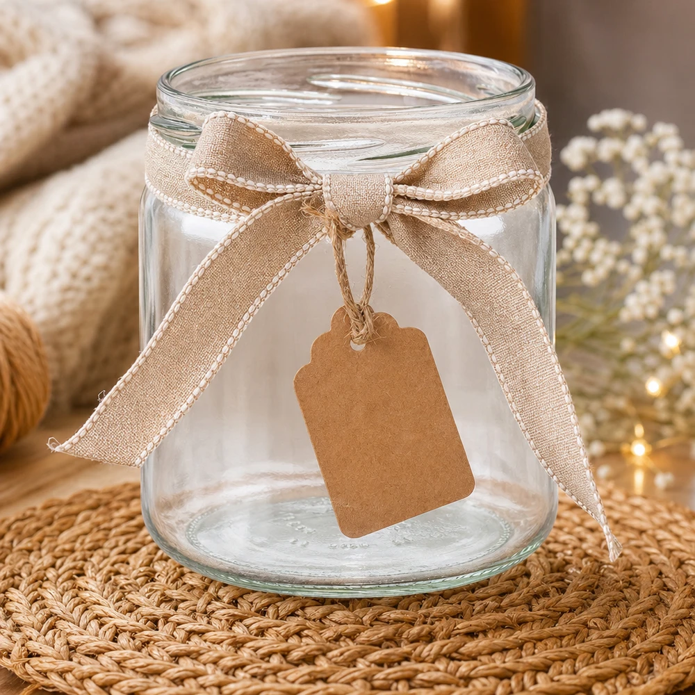 Kulatá sklenice o objemu 408 ml bez víčka (TO82) UNiTWIST UNiTWIST Runda408 Rundglas 408ml TO82 dekorativ mit Schleifenband und Anhänger als Geschenkverpackung auf Flechtmatte