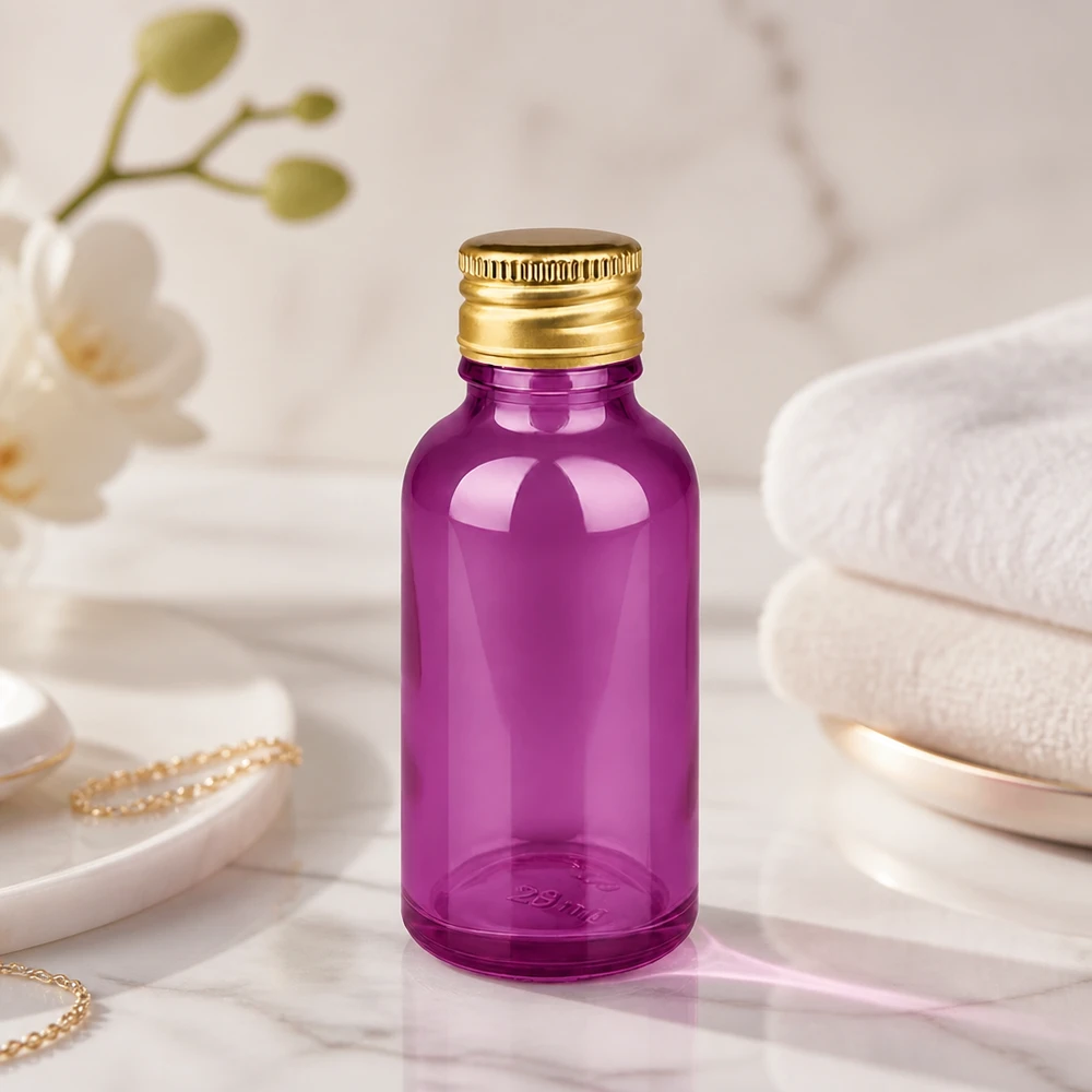 30ml Premium Glasflasche in Purple mit spiegelglänzendem Gold-Deckel für luxuriöse Produktpräsentation