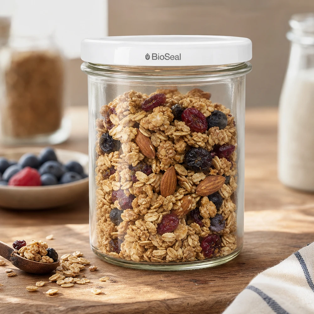 UNiTWIST Sturz350 Vorratsglas mit Müsli gefüllt zeigt praktische Küchenverwendung des weißen TO82 BioSeal Deckels