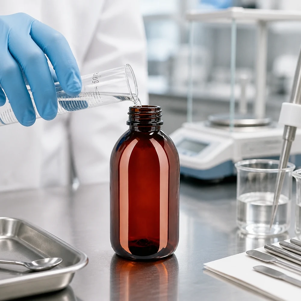 PET láhev 250ml se zeleným uzávěrem, který je odolný proti manipulaci. Laborant plní hnědou PET láhev o objemu 250 ml, v pozadí je odměrka a analytická váha