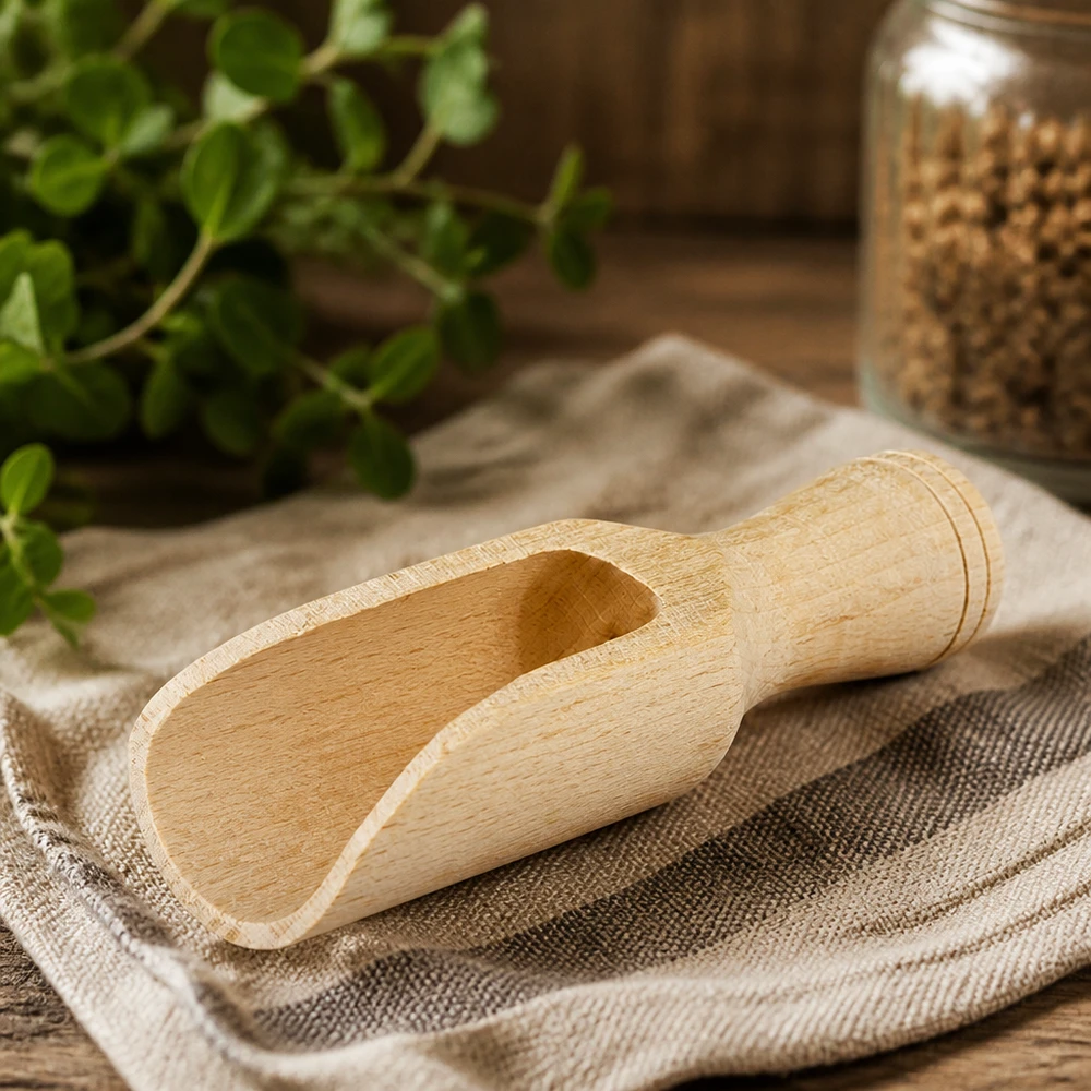 Dřevěná lopatka velikosti S půlkruhového tvaru - délka 75mm Holzschaufel S aus Buchenholz 7,5cm auf Leinentuch mit Kräutern und Gewürzglas natürliche Küchenausstattung