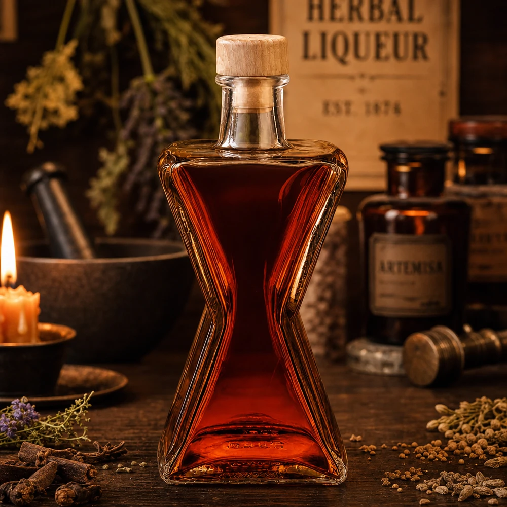 200ml Glasflasche Star mit rotem Kräuterlikör gefüllt - Holzkorken UNiTWIST in atmosphärischer Apothekerumgebung
