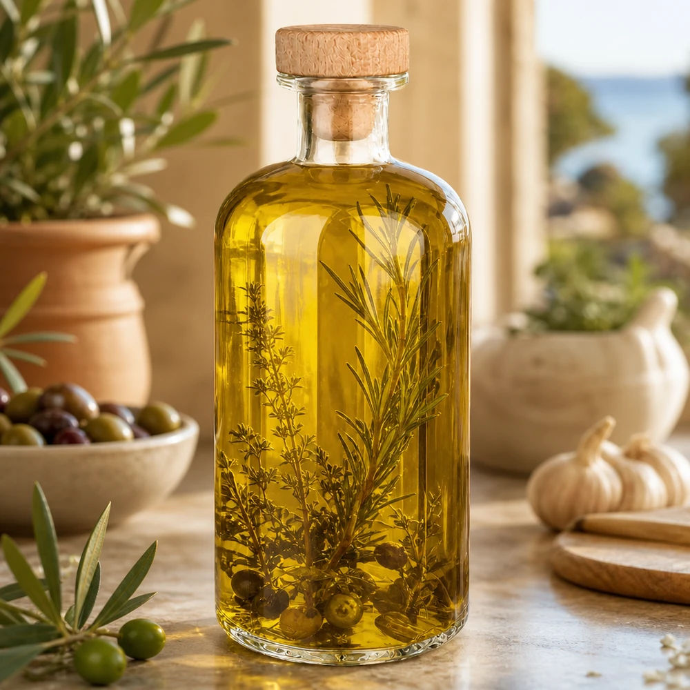 Glasflasche Flora 500ml mit Kräuteröl gefüllt zwischen Oliven Rosmarin und Knoblauch mediterranes Küchenambiente