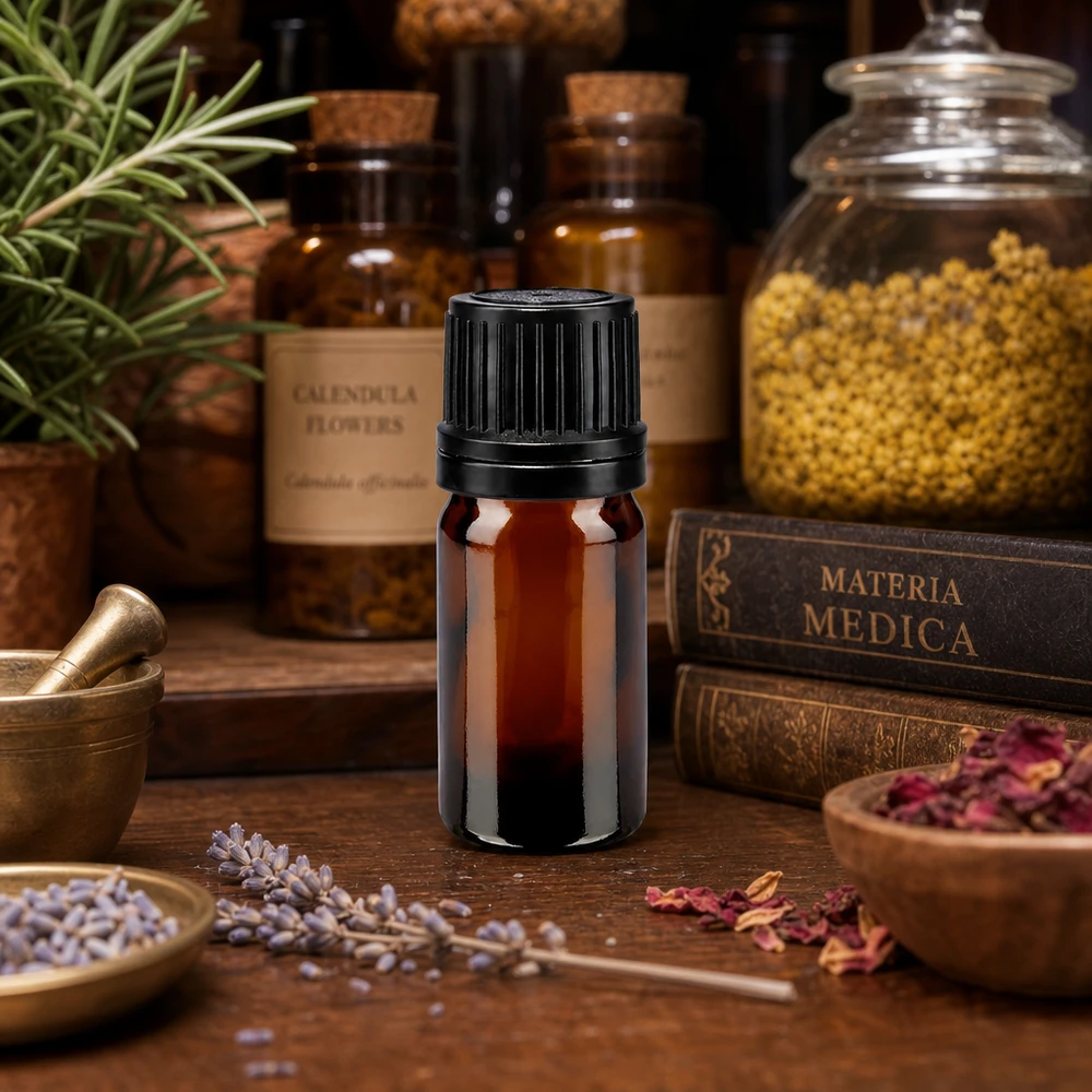Lékárenská láhev hnědá 5ml šroubovací uzávěr černý nalévací kroužek nedovolená manipulace s uzávěrem. Aromaölflasche 5ml Apothekerglas mit 8mm Öffnung schwarze Schutzkappe auf Holztisch mit Lavendel