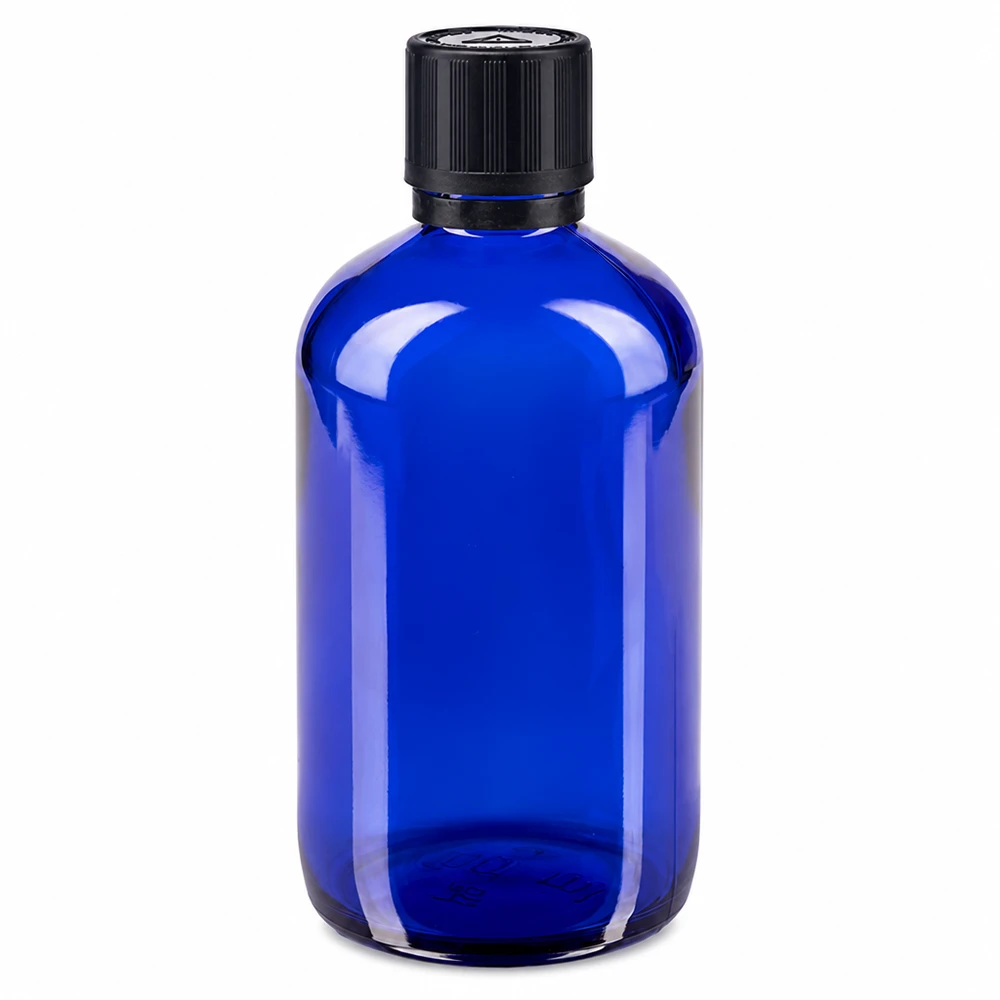 Lékárenská láhev modrá 100ml kapací uzávěr prémiový 1mm černý uzávěr odolný proti manipulaci dětmi. Runde blaue Apothekerflasche 100ml mit UV-Schutzglas und schwarzem Sicherheitsverschluss