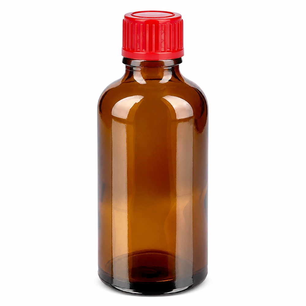Hochwertige 50ml Glasflasche braun mit rotem 11mm Verschluss für pharmazeutische Anwendungen