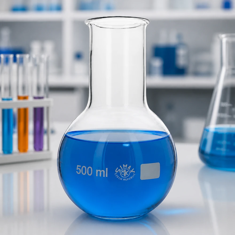 Baňka s širokým hrdlem 500ml Glaskolben 500ml mit stabilem Stand und weiter Öffnung für Analytik