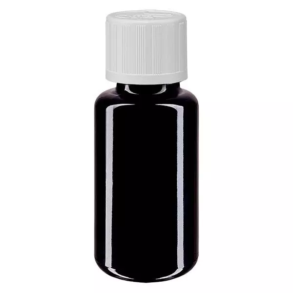 Lékárenská láhev fialová 20ml uzávěr kapátka bílý standardní dětem odolný.