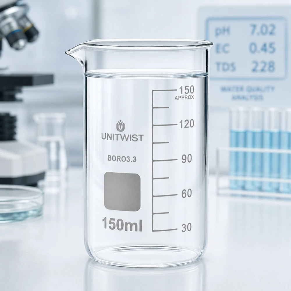Kádinka 150ml borosilikátová, vysoká forma UNiTWIST UNITWIST Becherglas 150ml hohe Form Borosilikat mit beschriftbarem Feld und Ausguss