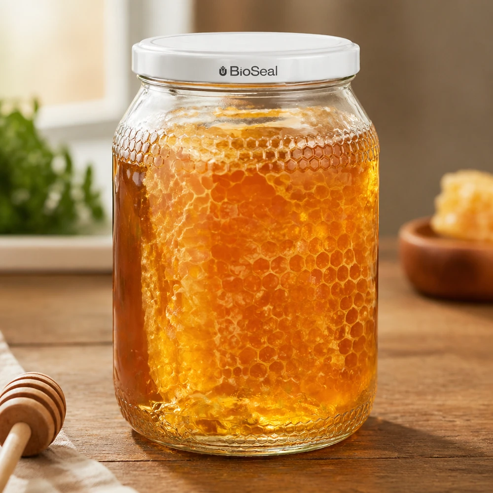 1260g Honigglas + BioSeal Deckel weiß UNiTWIST 900ml Honigglas mit BioSeal Deckel gefüllt mit Honigwaben auf Holztisch neben Honiglöffel in warmer Küche