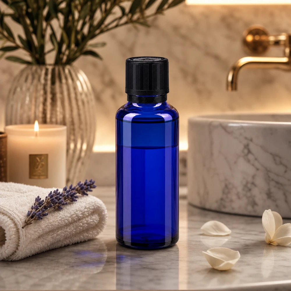 Lékárenská láhev modrá 30ml kapací uzávěr nalévací kroužek 1mm černý dětský bezpečnostní zámek výstražný symbol pro nevidomé tamper evident uz&# Hochwertige kobaltblaue Glasflasche 30ml mit Tropfeinsatz für ätherische Öle und Aromatherapie