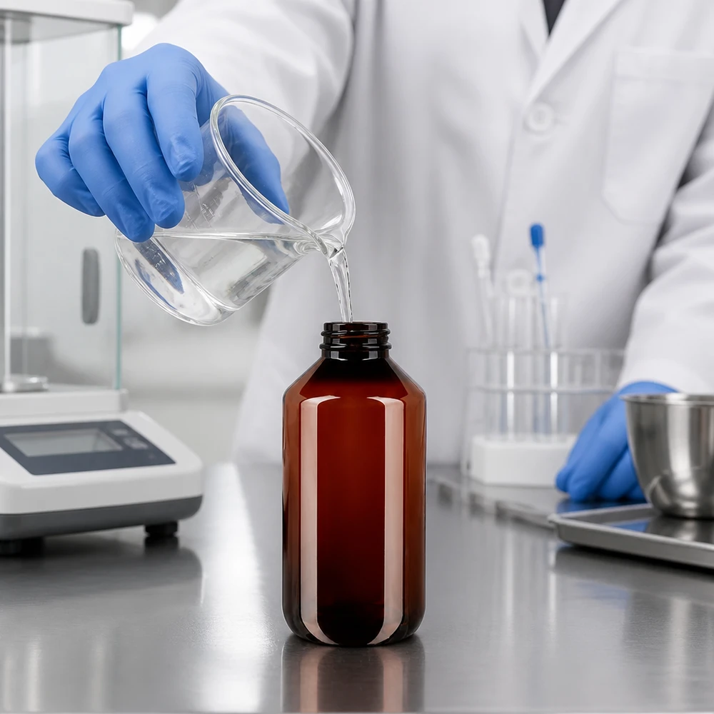 Laborant plní hnědou PET láhev o objemu 200 ml čirou kapalinou z kádinky