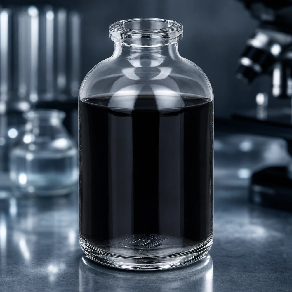 Hochwertige Klarglas Injektionsflasche 50ml mit schwarzem Reagenz im wissenschaftlichen Labor
