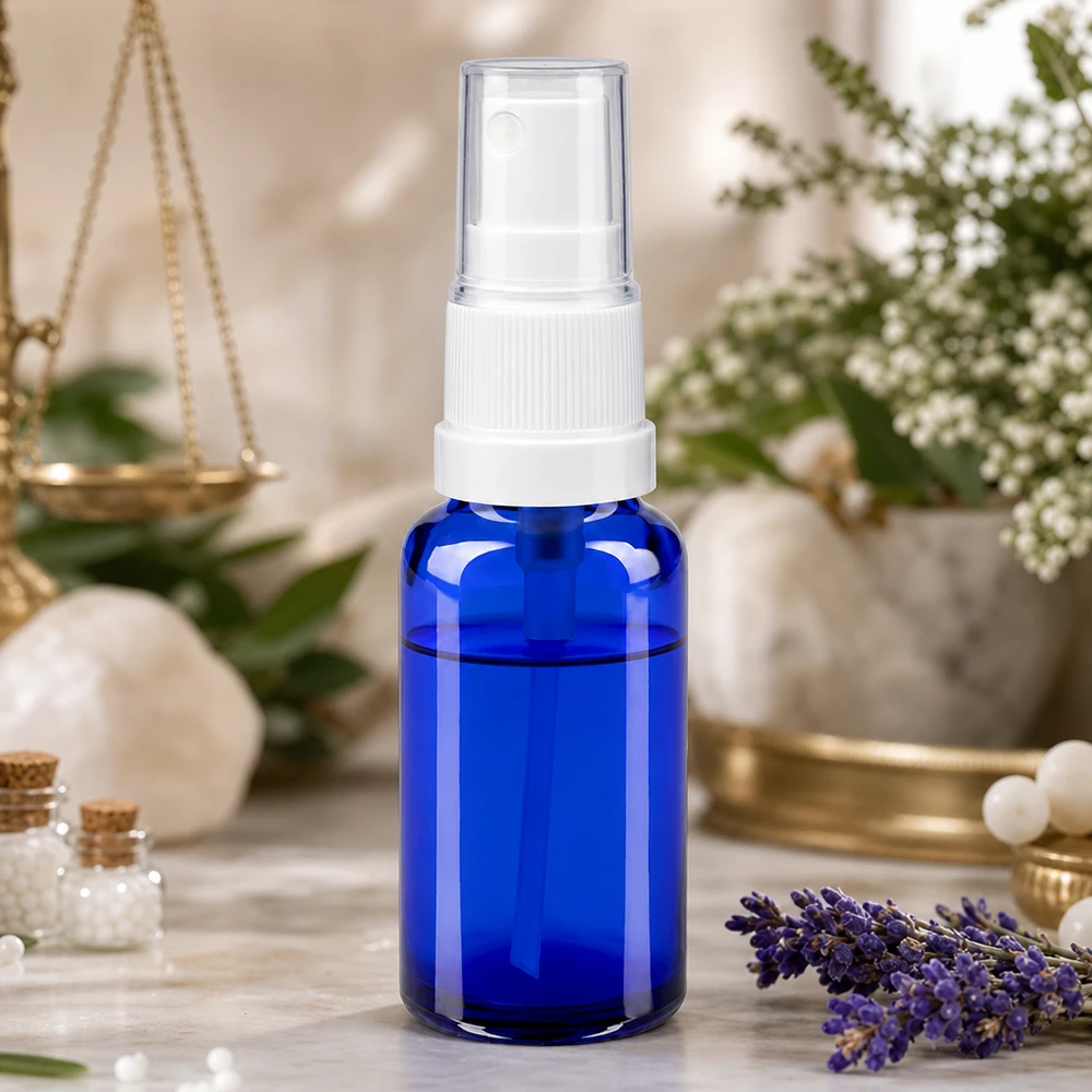 Lékárenská lahvička modrá 20ml s rozprašovacím nástavcem bílá Blaue 20ml Flakon aus Apothekerglas mit transparenter Kappe für Gesichtswasser und Seren